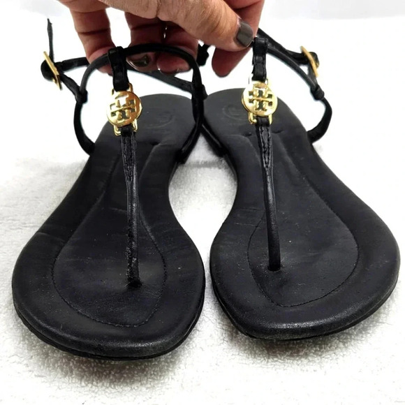 Tory Burch Emmy Black Leather Gold Medallion Thong Slingback Sandal Shoe… - Picture 1 of 7